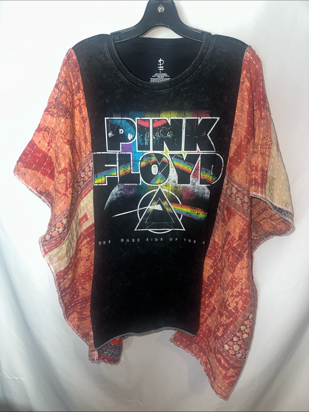 Pink Floyd Black Tee with Orange kantha Patchwork Short Sleeves